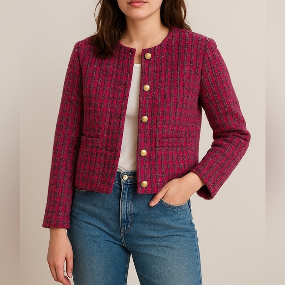 J.Crew Pink Tweed Lady Jacket Size 2 Gold Crest Buttons Cropped Blazer BS928 New - Picture 1 of 14